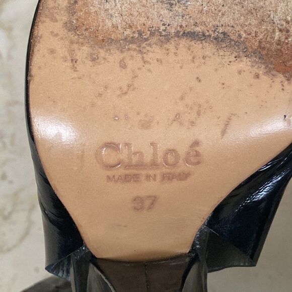 Chloe Black Patent Leather Peep-Toe Buckle Accent Heels - Picture 13 of 14